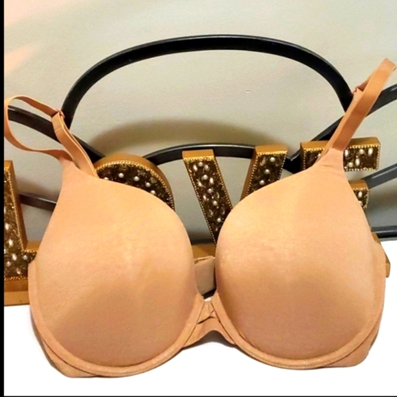Victoria Secret Perfect Shape Underwire Tan Satin Lined Bra Sz 36DD - Picture 1 of 11